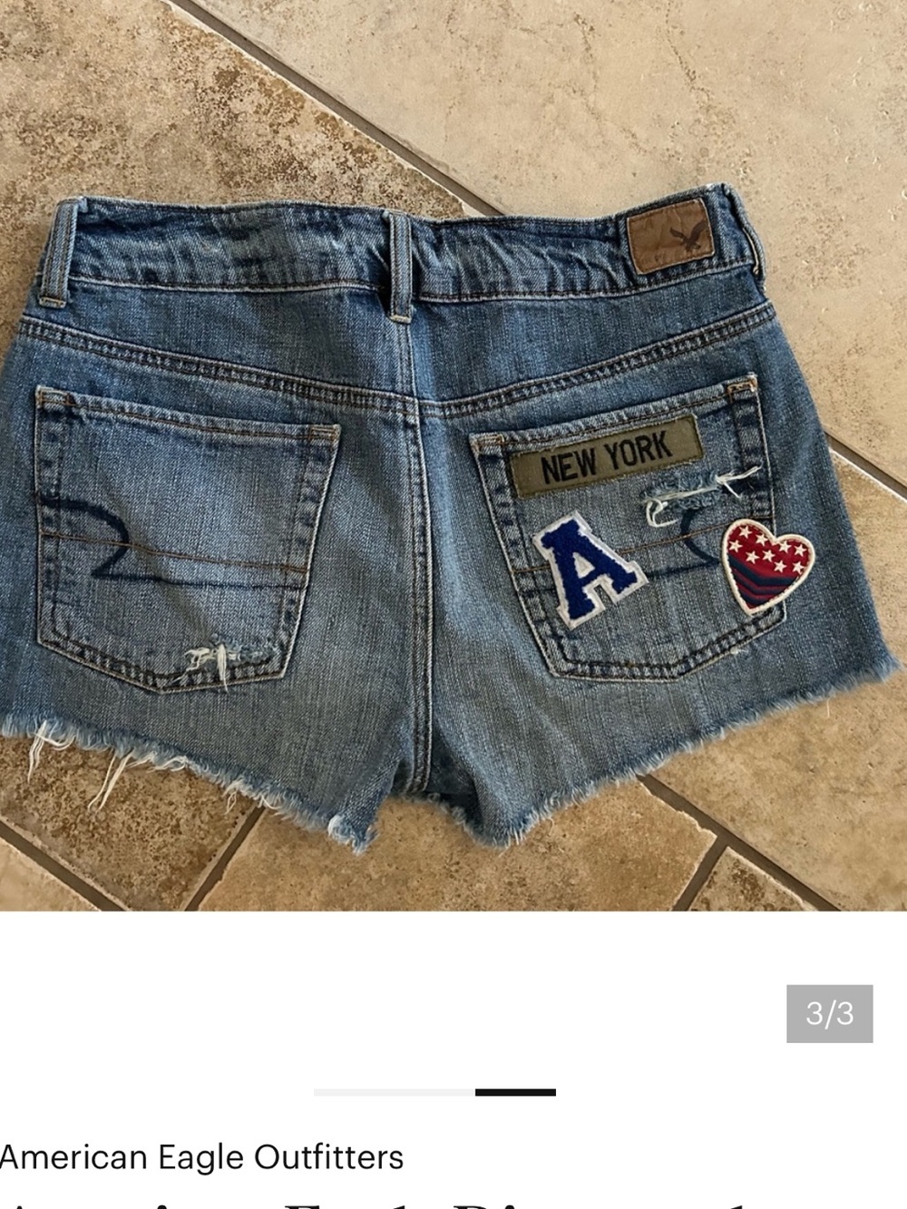 American Eagle Distressed Denim Shorts with patches, EUC, size 6, Boho